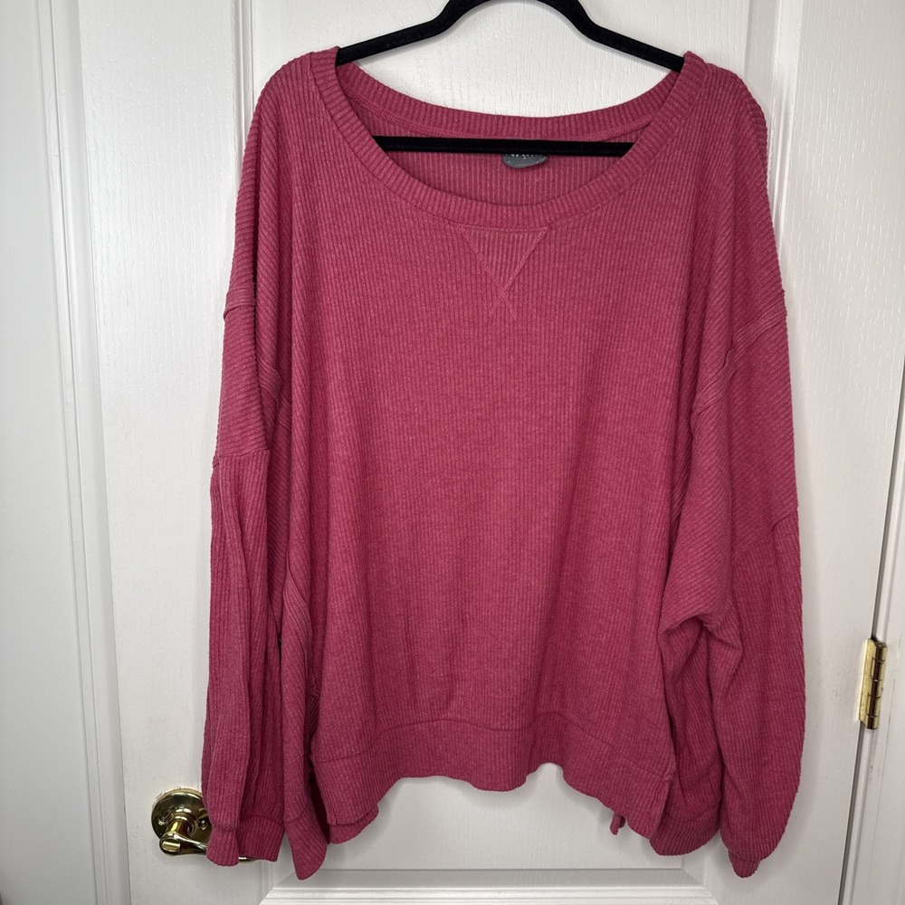 Arula Womens Plus 1X Size A Berry Pink Ribbed Knit Pullover Sweater Side Slits